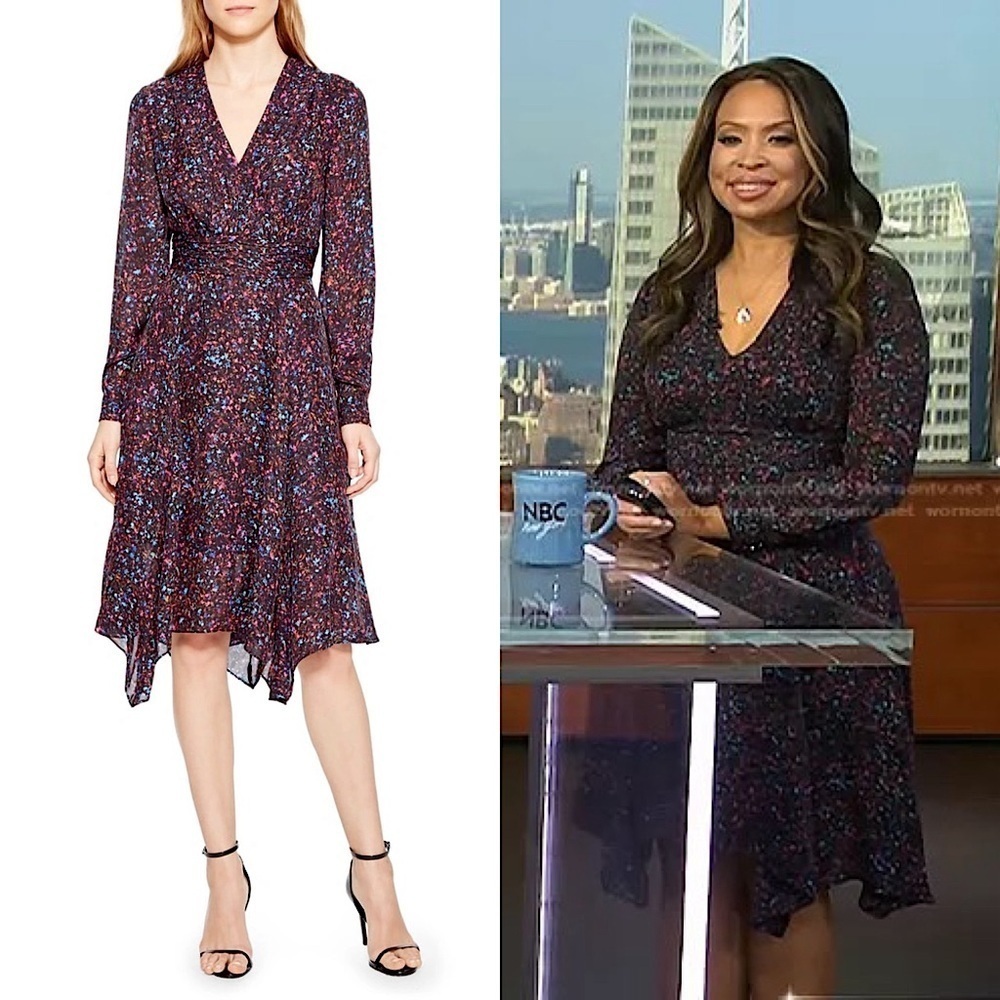 PARKER Silk Floral Print Long Sleeve Pintuck Pleated Bodice V-Neck Flare Dress 2
